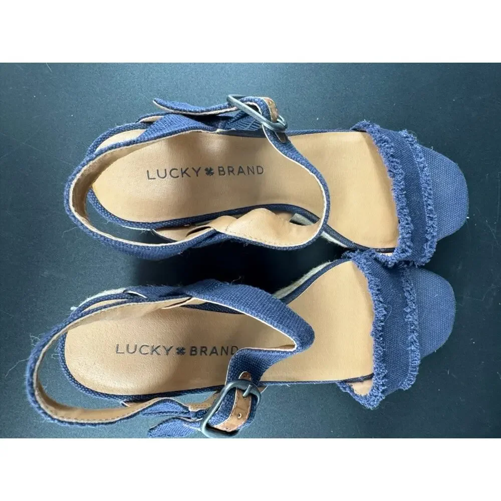 Lucky Brand Mindra Espadrille Wedge Sandals 7.5M Indigo Blue Canvas Frayed